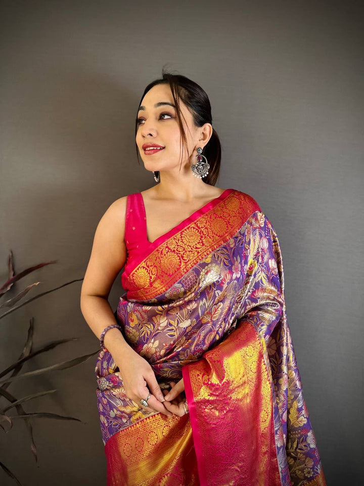 Kanjivaram Semi Silk Saree with Contrast Zari Border &amp; Rich Weaving Pallu = PURPLE