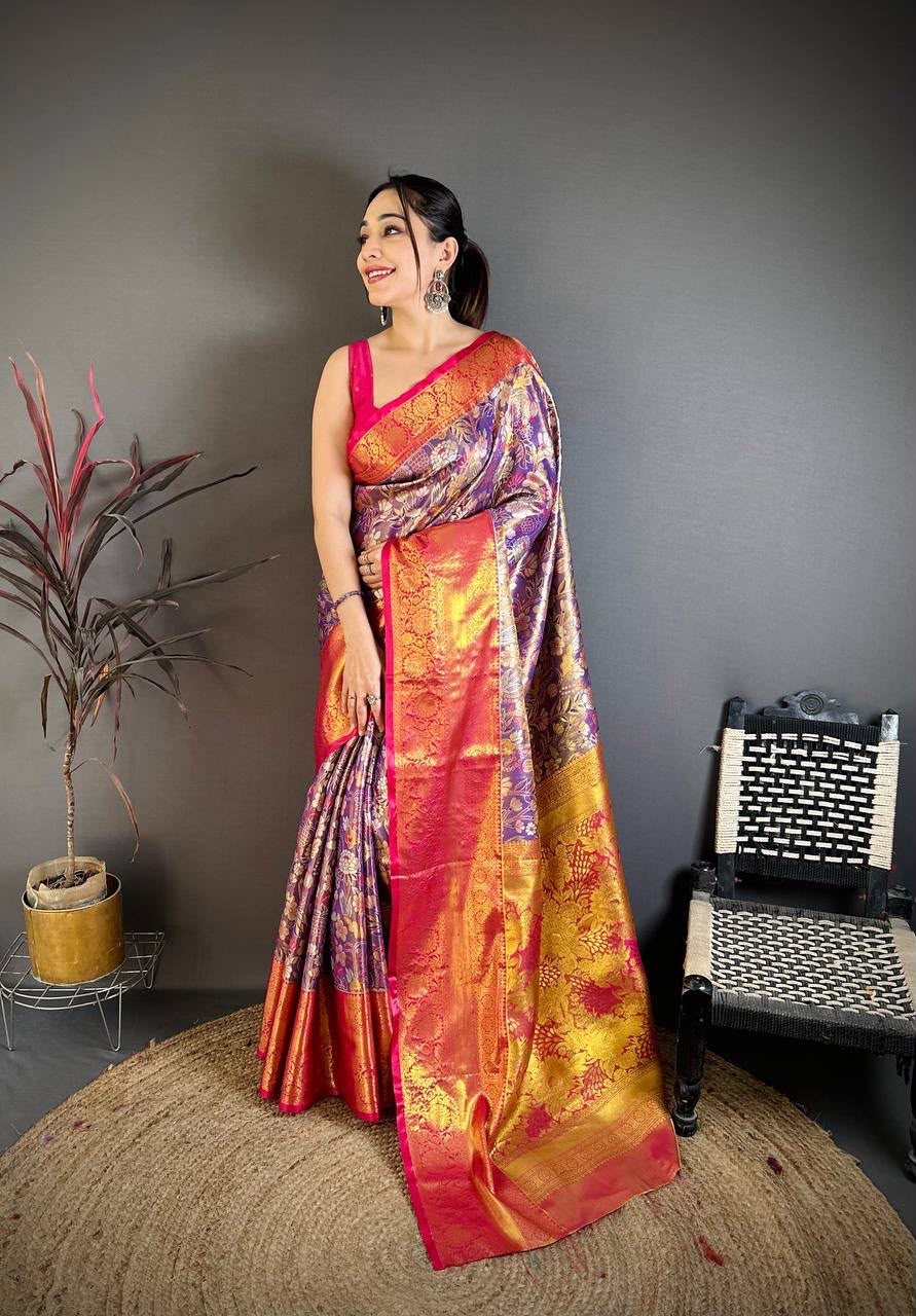 Kanjivaram Semi Silk Saree with Contrast Zari Border &amp; Rich Weaving Pallu = PURPLE
