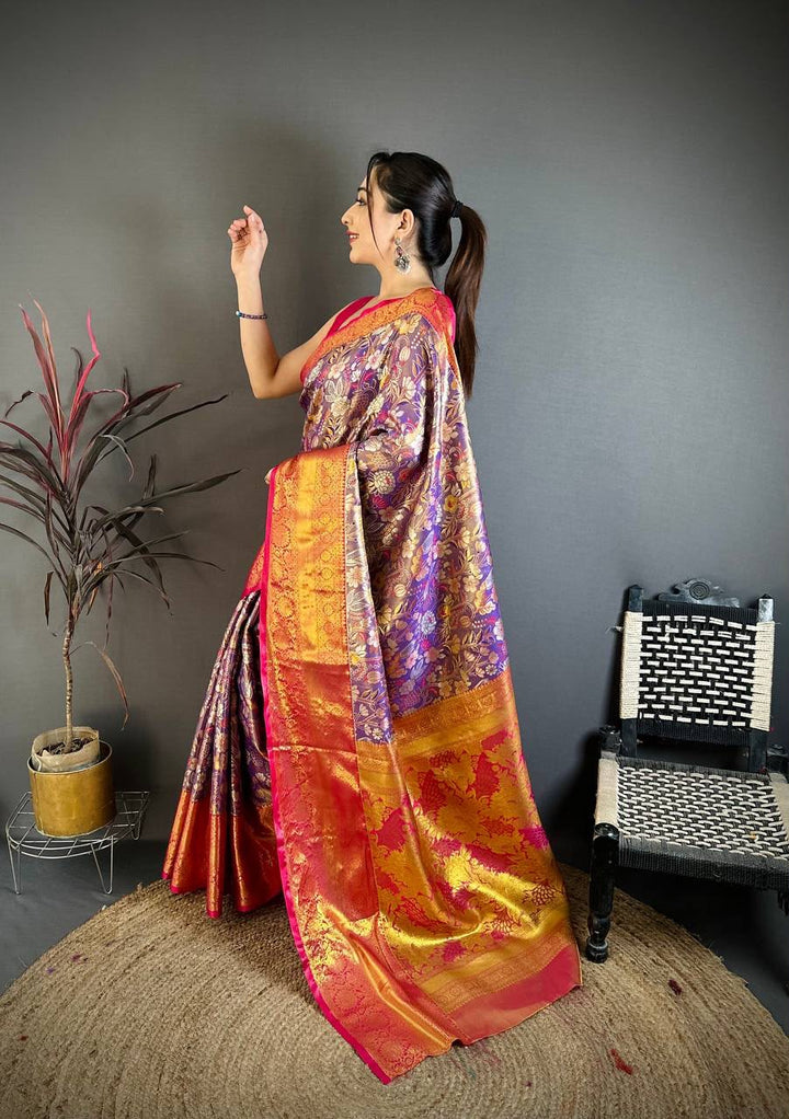 Kanjivaram Semi Silk Saree with Contrast Zari Border &amp; Rich Weaving Pallu = PURPLE