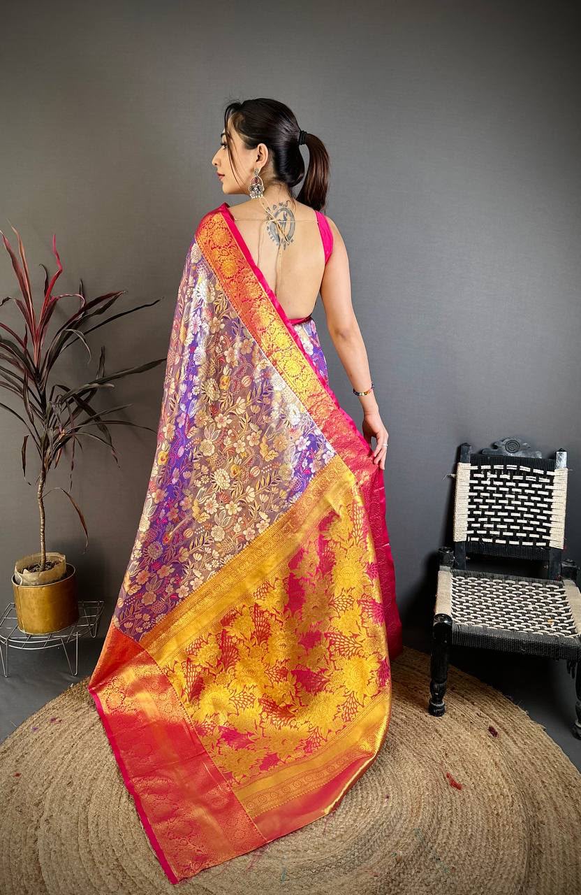 Kanjivaram Semi Silk Saree with Contrast Zari Border &amp; Rich Weaving Pallu = PURPLE