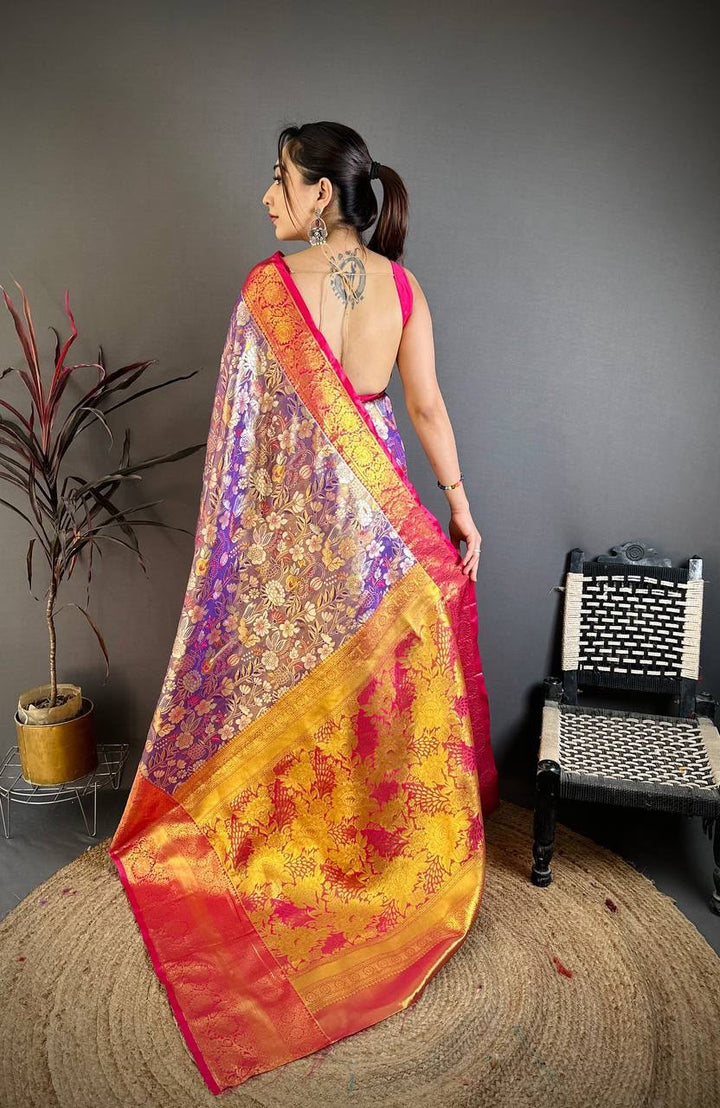 Kanjivaram Semi Silk Saree with Contrast Zari Border &amp; Rich Weaving Pallu = PURPLE
