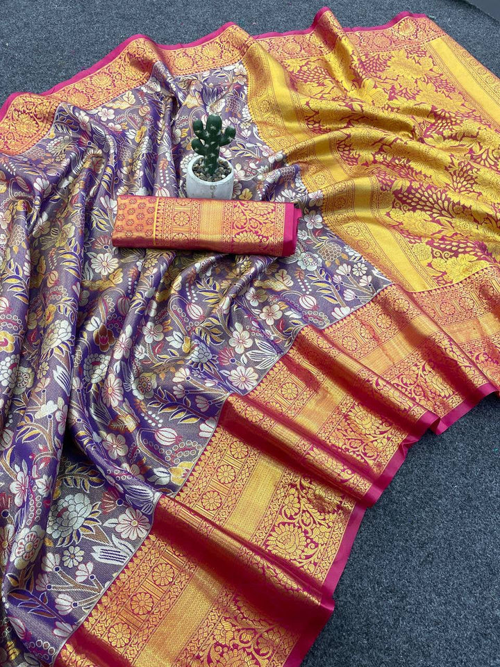 Kanjivaram Semi Silk Saree with Contrast Zari Border &amp; Rich Weaving Pallu = PURPLE