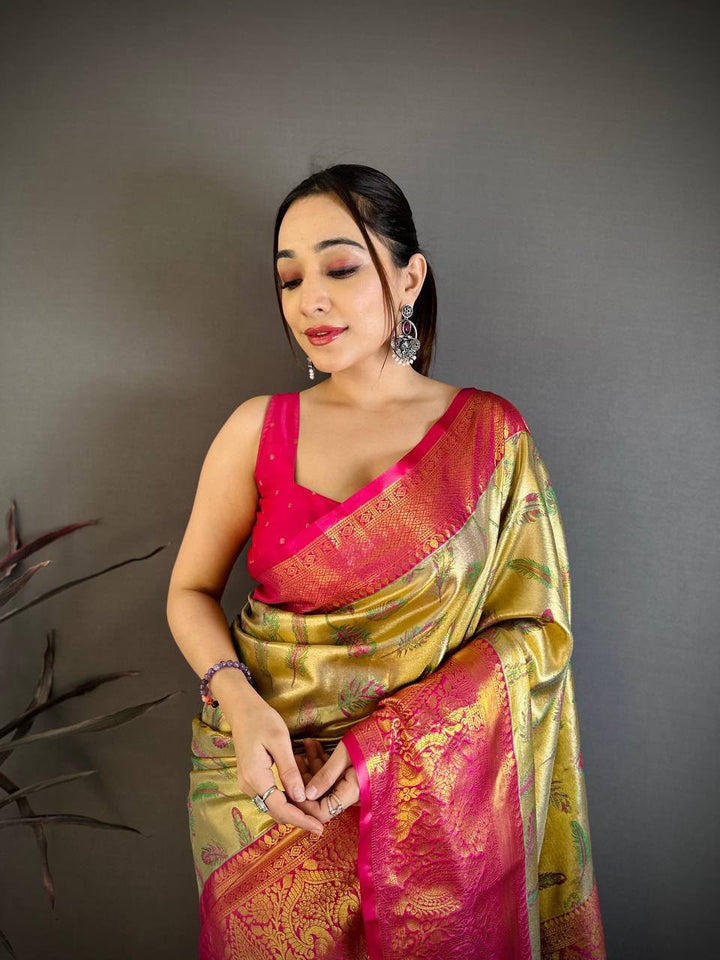 Kanjivaram Semi Silk Saree with Contrast Zari Border &amp; Rich Weaving Pallu = PISTA