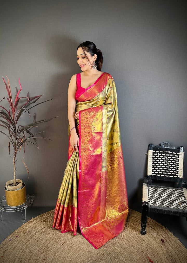 Kanjivaram Semi Silk Saree with Contrast Zari Border &amp; Rich Weaving Pallu = PISTA