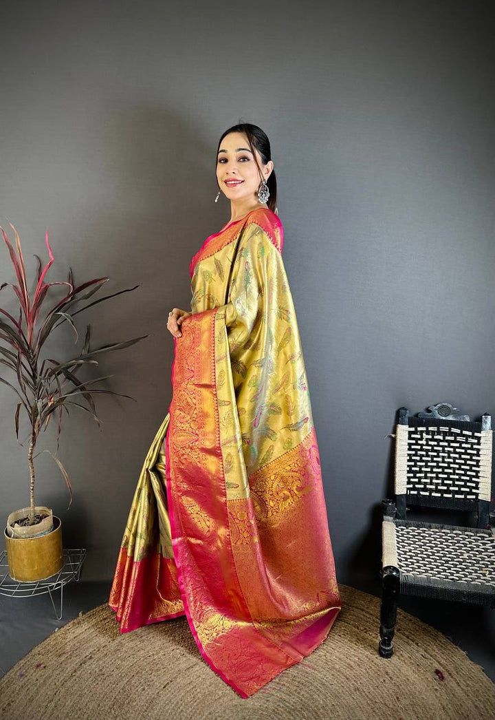 Kanjivaram Semi Silk Saree with Contrast Zari Border &amp; Rich Weaving Pallu = PISTA