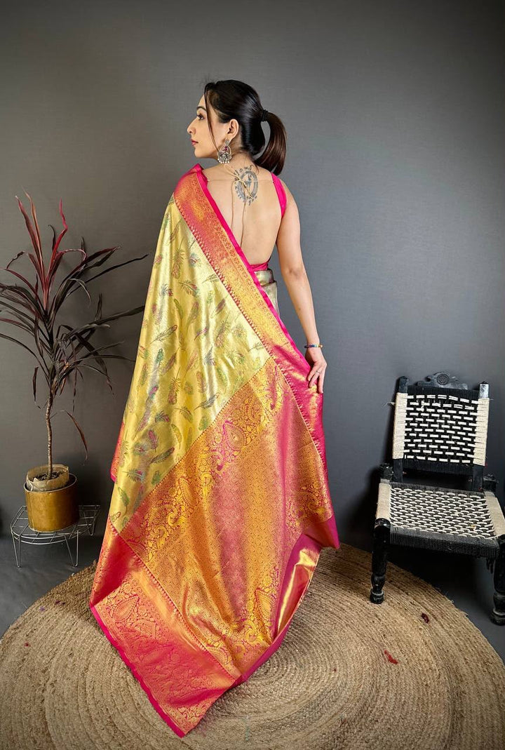 Kanjivaram Semi Silk Saree with Contrast Zari Border &amp; Rich Weaving Pallu = PISTA