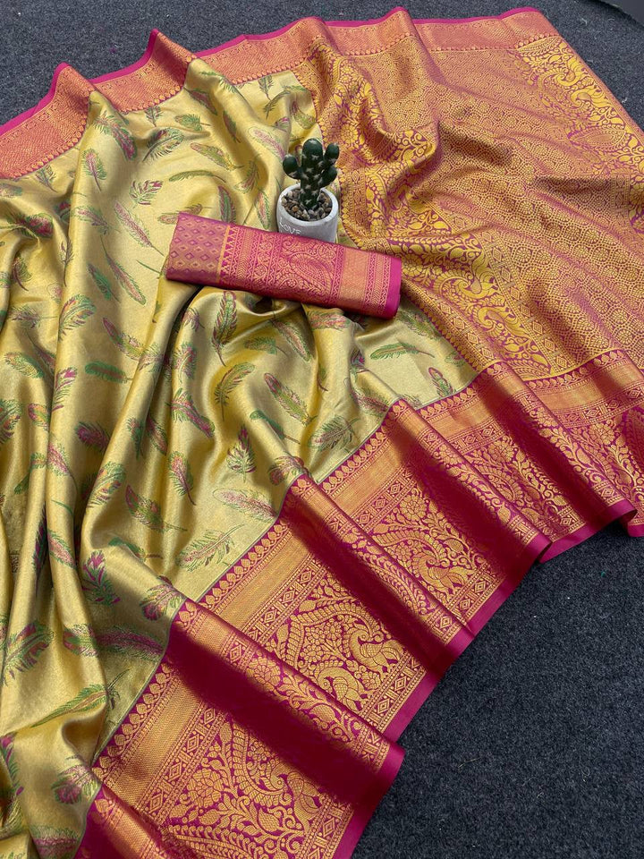 Kanjivaram Semi Silk Saree with Contrast Zari Border &amp; Rich Weaving Pallu = PISTA