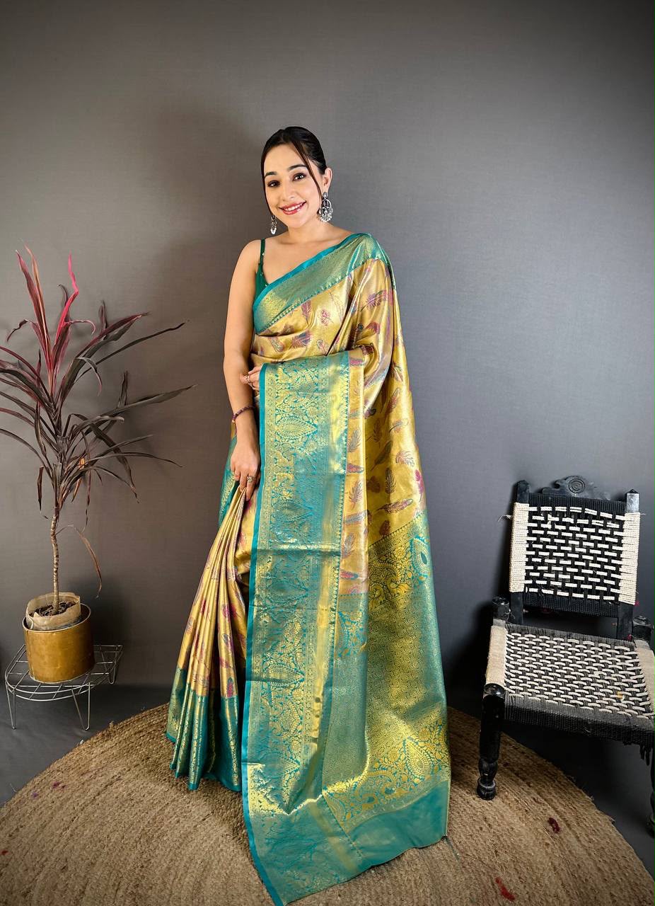 Kanjivaram Semi Silk Saree with Contrast Zari Border &amp; Rich Weaving Pallu = SEA GREEN