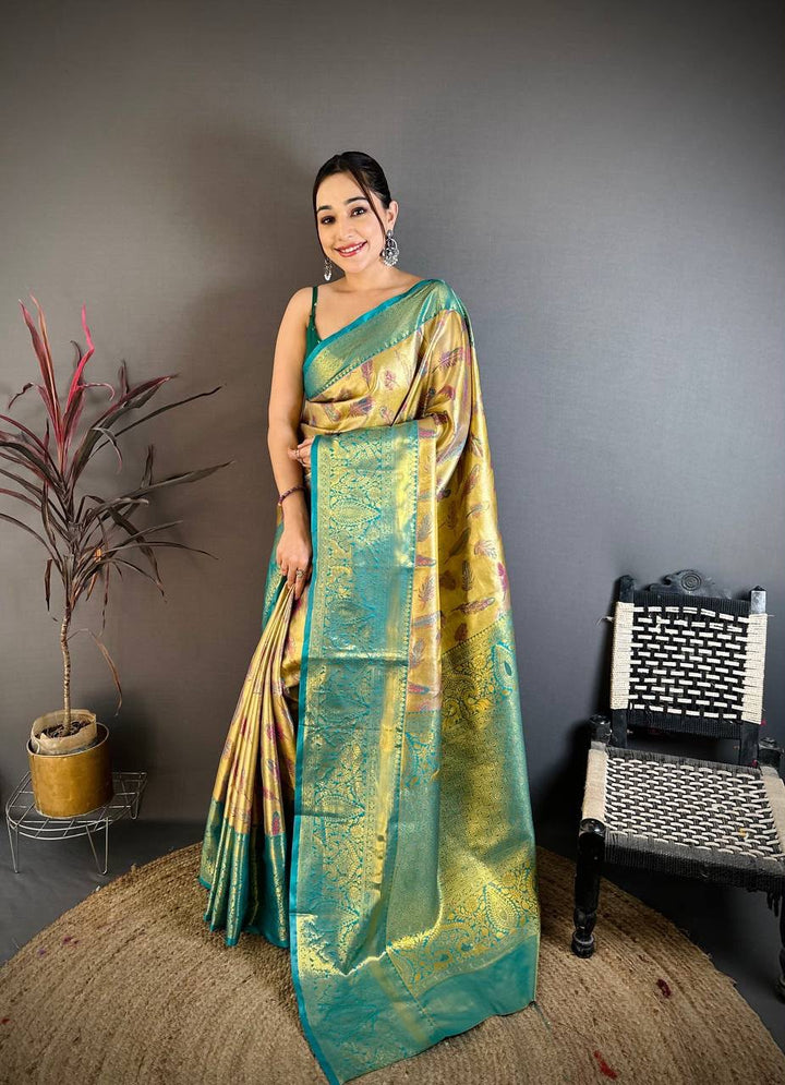 Kanjivaram Semi Silk Saree with Contrast Zari Border &amp; Rich Weaving Pallu = SEA GREEN