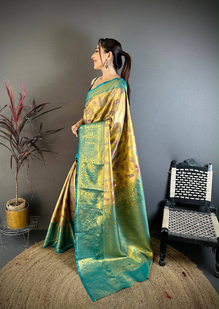 Kanjivaram Semi Silk Saree with Contrast Zari Border &amp; Rich Weaving Pallu = SEA GREEN