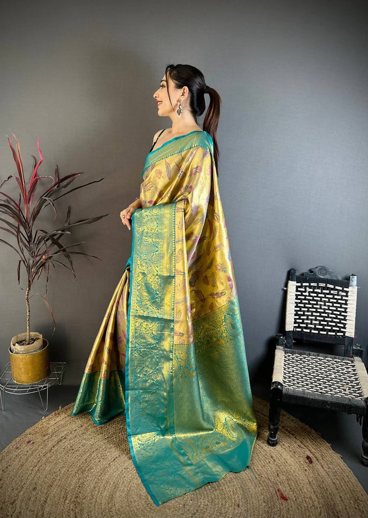 Kanjivaram Semi Silk Saree with Contrast Zari Border &amp; Rich Weaving Pallu = SEA GREEN