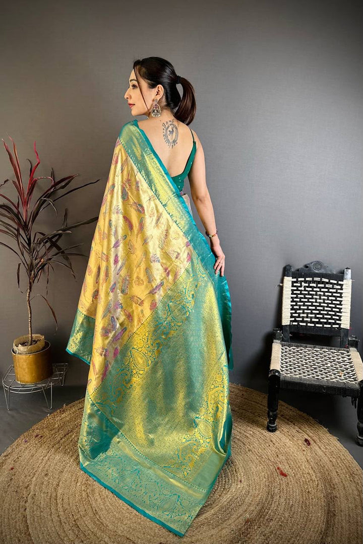 Kanjivaram Semi Silk Saree with Contrast Zari Border &amp; Rich Weaving Pallu = SEA GREEN