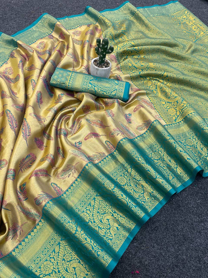 Kanjivaram Semi Silk Saree with Contrast Zari Border &amp; Rich Weaving Pallu = SEA GREEN