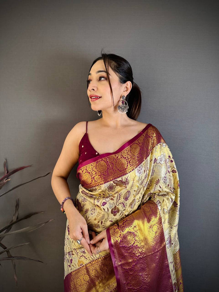 Kanjivaram Semi Silk Saree with Contrast Zari Border &amp; Rich Weaving Pallu = CREAM