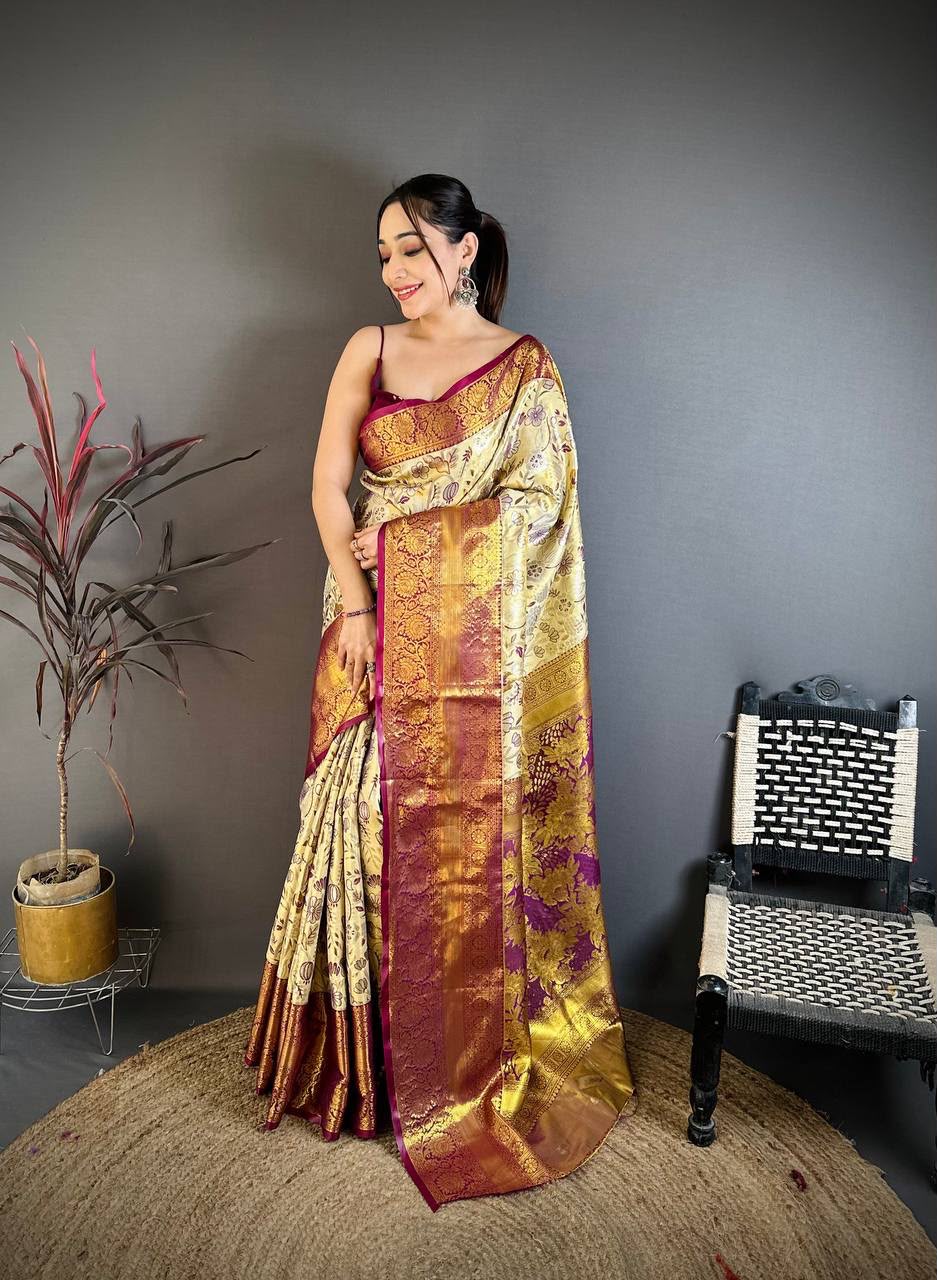 Kanjivaram Semi Silk Saree with Contrast Zari Border &amp; Rich Weaving Pallu = CREAM