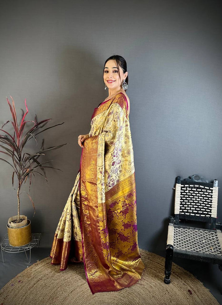 Kanjivaram Semi Silk Saree with Contrast Zari Border &amp; Rich Weaving Pallu = CREAM