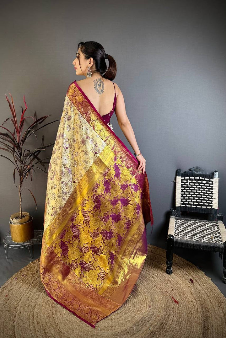 Kanjivaram Semi Silk Saree with Contrast Zari Border &amp; Rich Weaving Pallu = CREAM