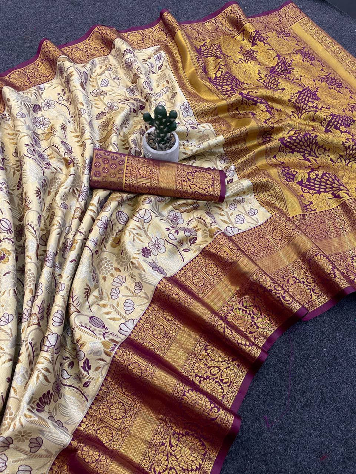 Kanjivaram Semi Silk Saree with Contrast Zari Border &amp; Rich Weaving Pallu = CREAM