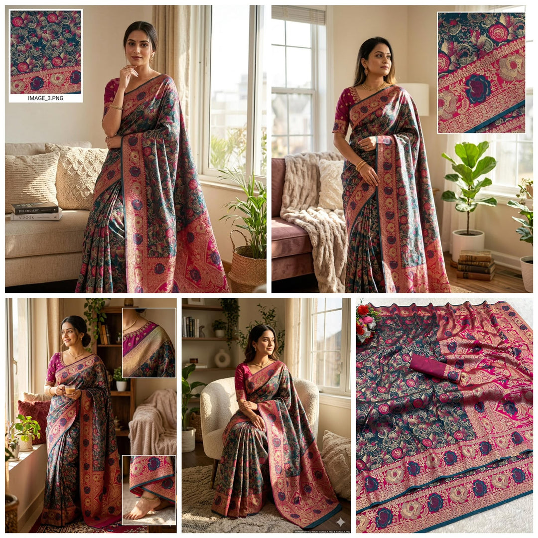 Royal Gulbahar Copper Zari Floral Jaal Kanjivaram Soft Silk Saree - WINE