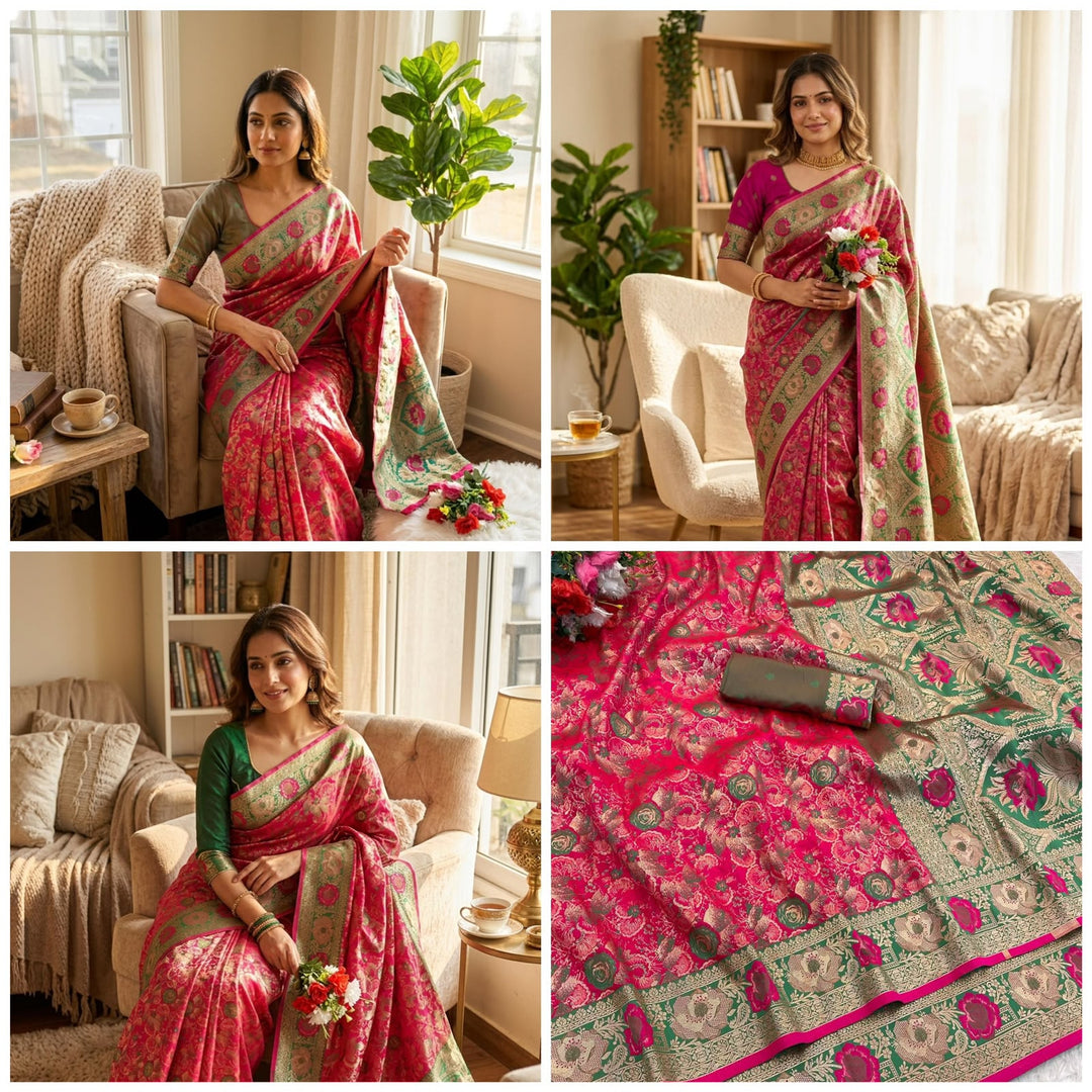 Royal Gulbahar Copper Zari Floral Jaal Kanjivaram Soft Silk Saree - RED