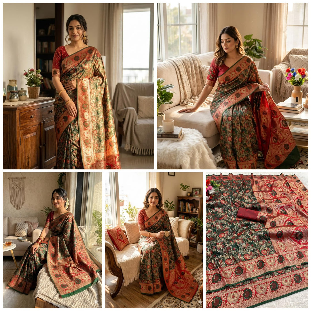 Royal Gulbahar Copper Zari Floral Jaal Kanjivaram Soft Silk Saree - GREEN