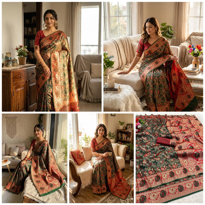 Royal Gulbahar Copper Zari Floral Jaal Kanjivaram Soft Silk Saree - GREEN