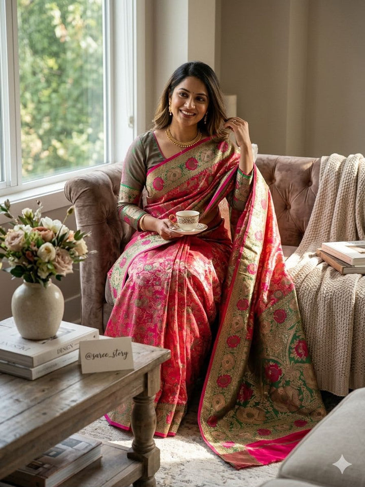 Royal Gulbahar Copper Zari Floral Jaal Kanjivaram Soft Silk Saree - RED