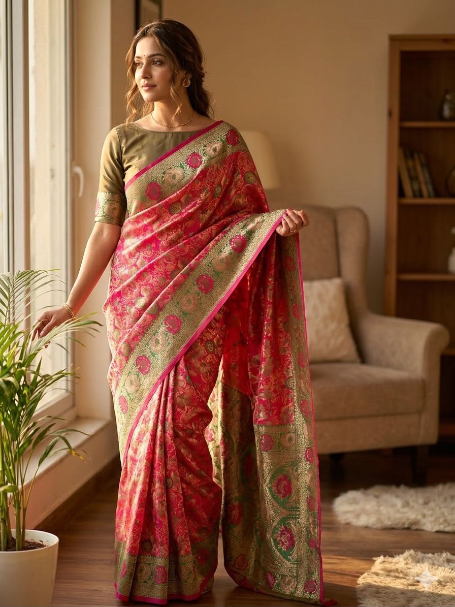 Royal Gulbahar Copper Zari Floral Jaal Kanjivaram Soft Silk Saree - RED