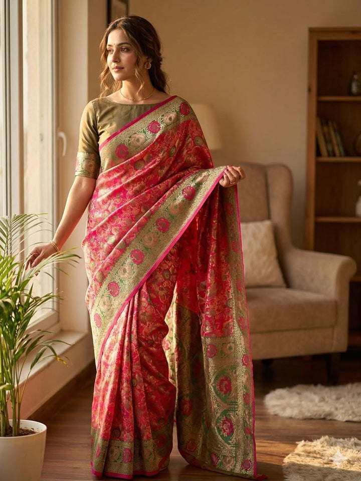 Royal Gulbahar Copper Zari Floral Jaal Kanjivaram Soft Silk Saree - RED