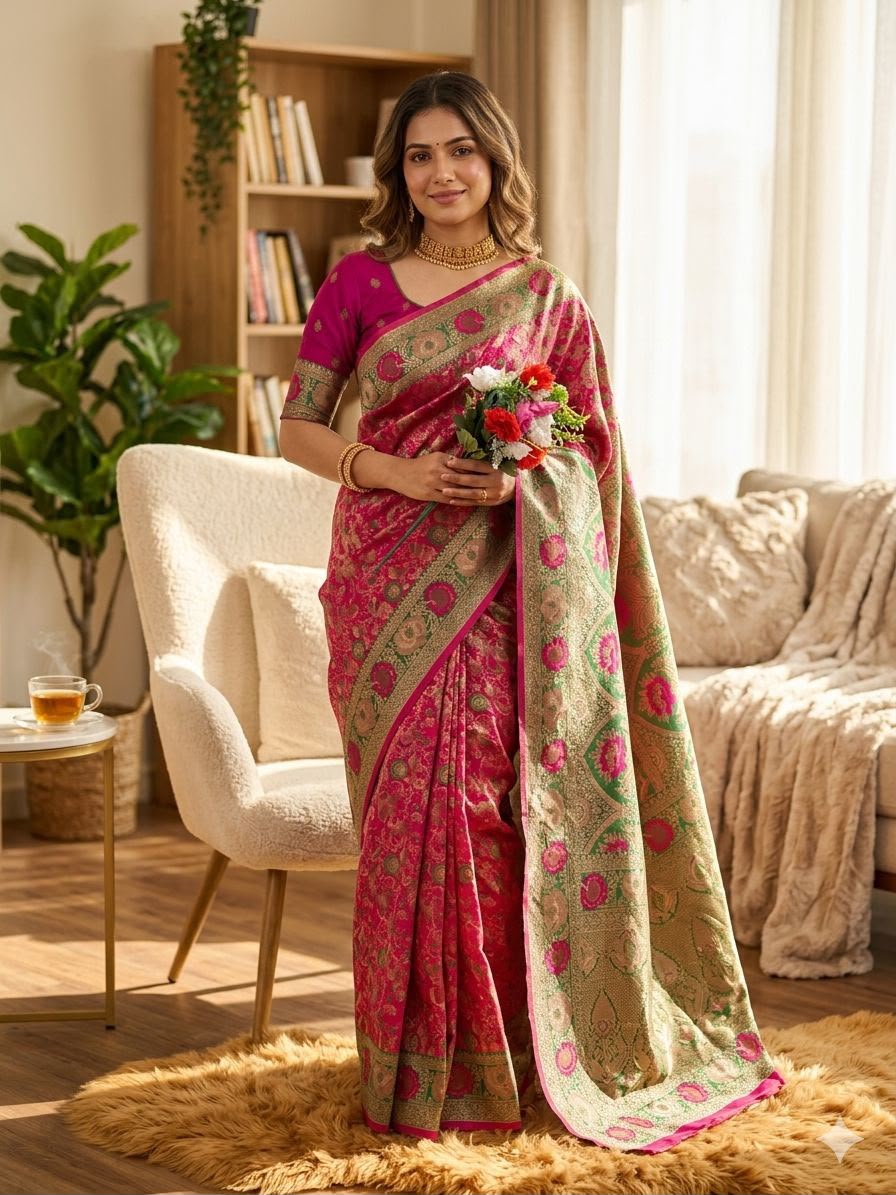 Royal Gulbahar Copper Zari Floral Jaal Kanjivaram Soft Silk Saree - RED