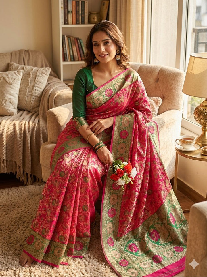 Royal Gulbahar Copper Zari Floral Jaal Kanjivaram Soft Silk Saree - RED