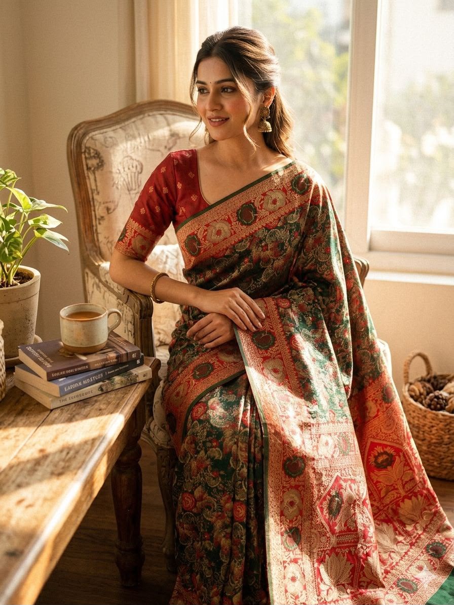 Royal Gulbahar Copper Zari Floral Jaal Kanjivaram Soft Silk Saree - GREEN