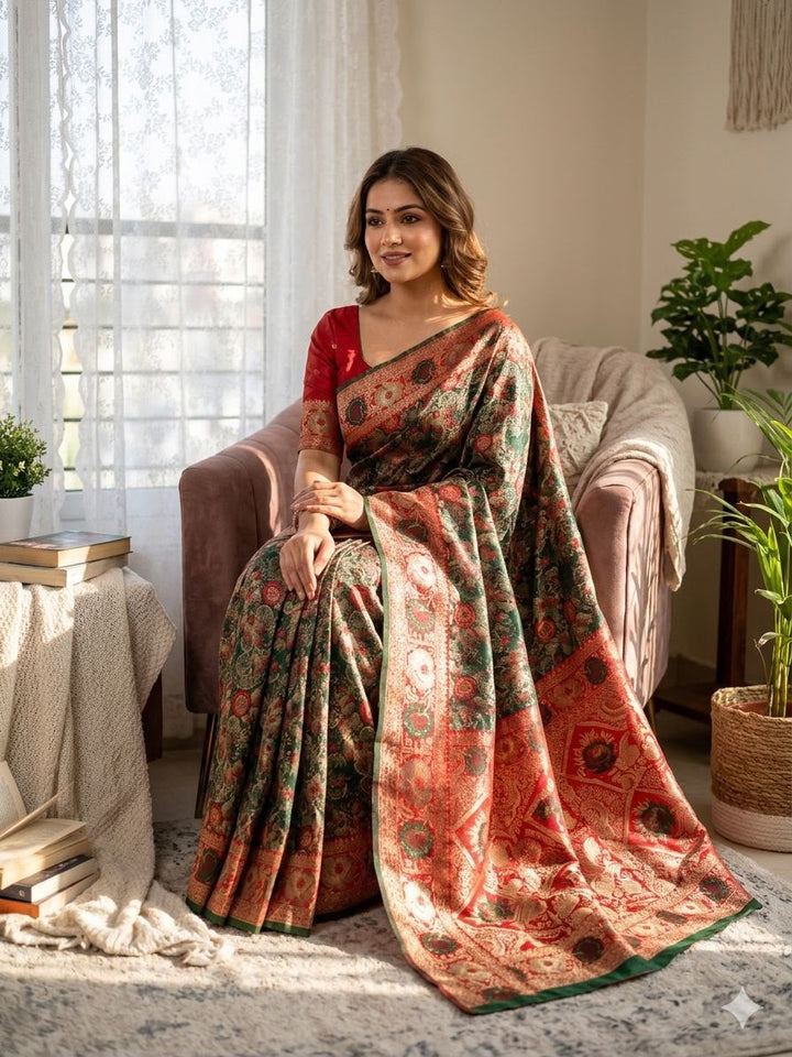 Royal Gulbahar Copper Zari Floral Jaal Kanjivaram Soft Silk Saree - GREEN