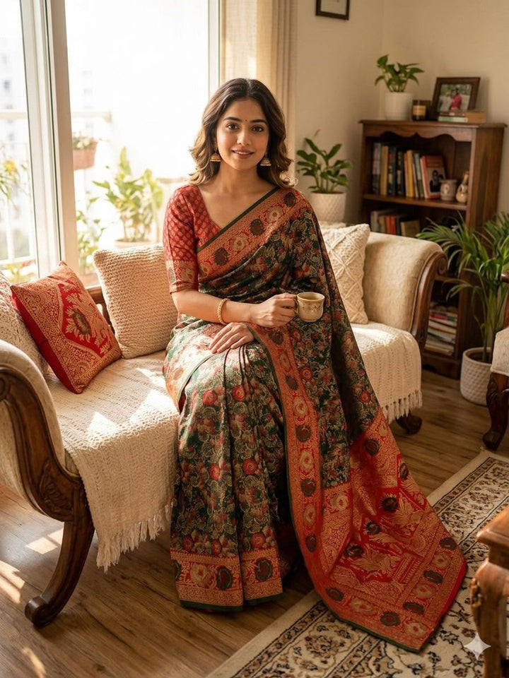 Royal Gulbahar Copper Zari Floral Jaal Kanjivaram Soft Silk Saree - GREEN