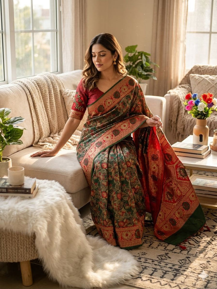 Royal Gulbahar Copper Zari Floral Jaal Kanjivaram Soft Silk Saree - GREEN