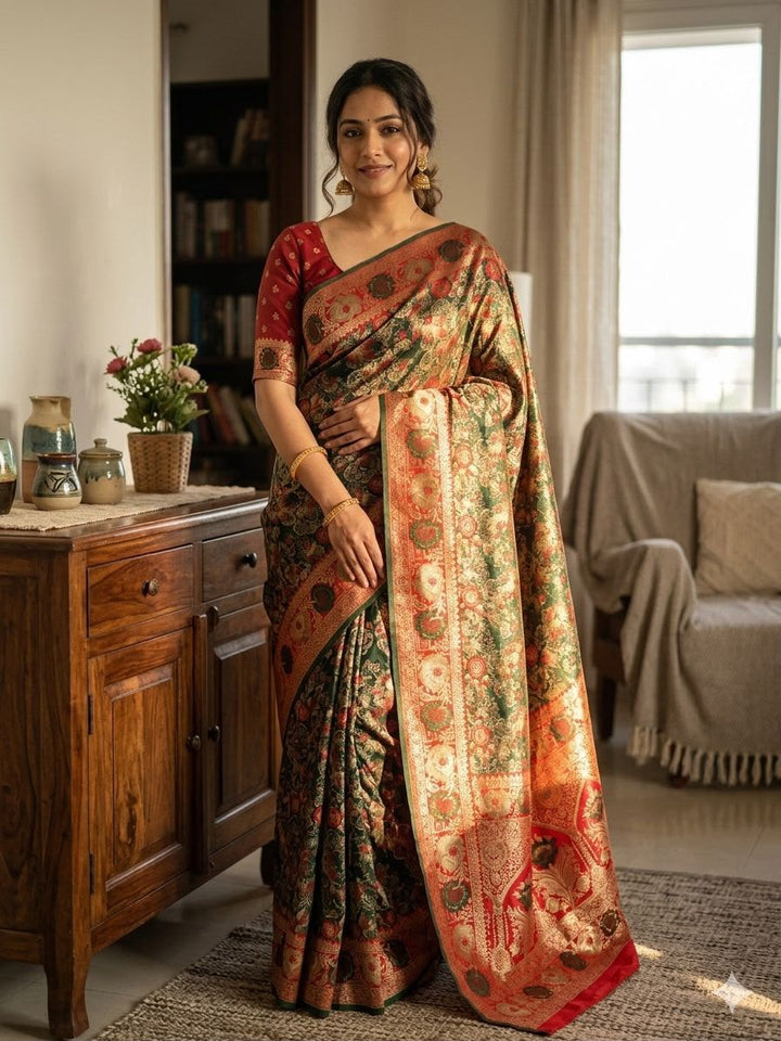 Royal Gulbahar Copper Zari Floral Jaal Kanjivaram Soft Silk Saree - GREEN