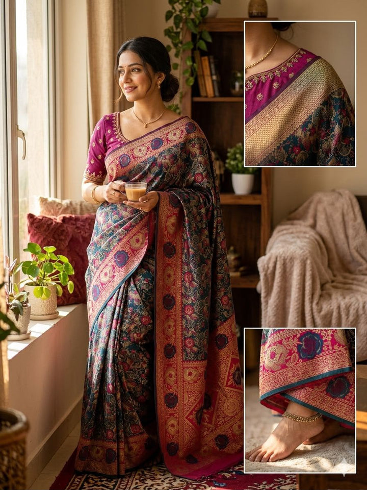 Royal Gulbahar Copper Zari Floral Jaal Kanjivaram Soft Silk Saree - WINE