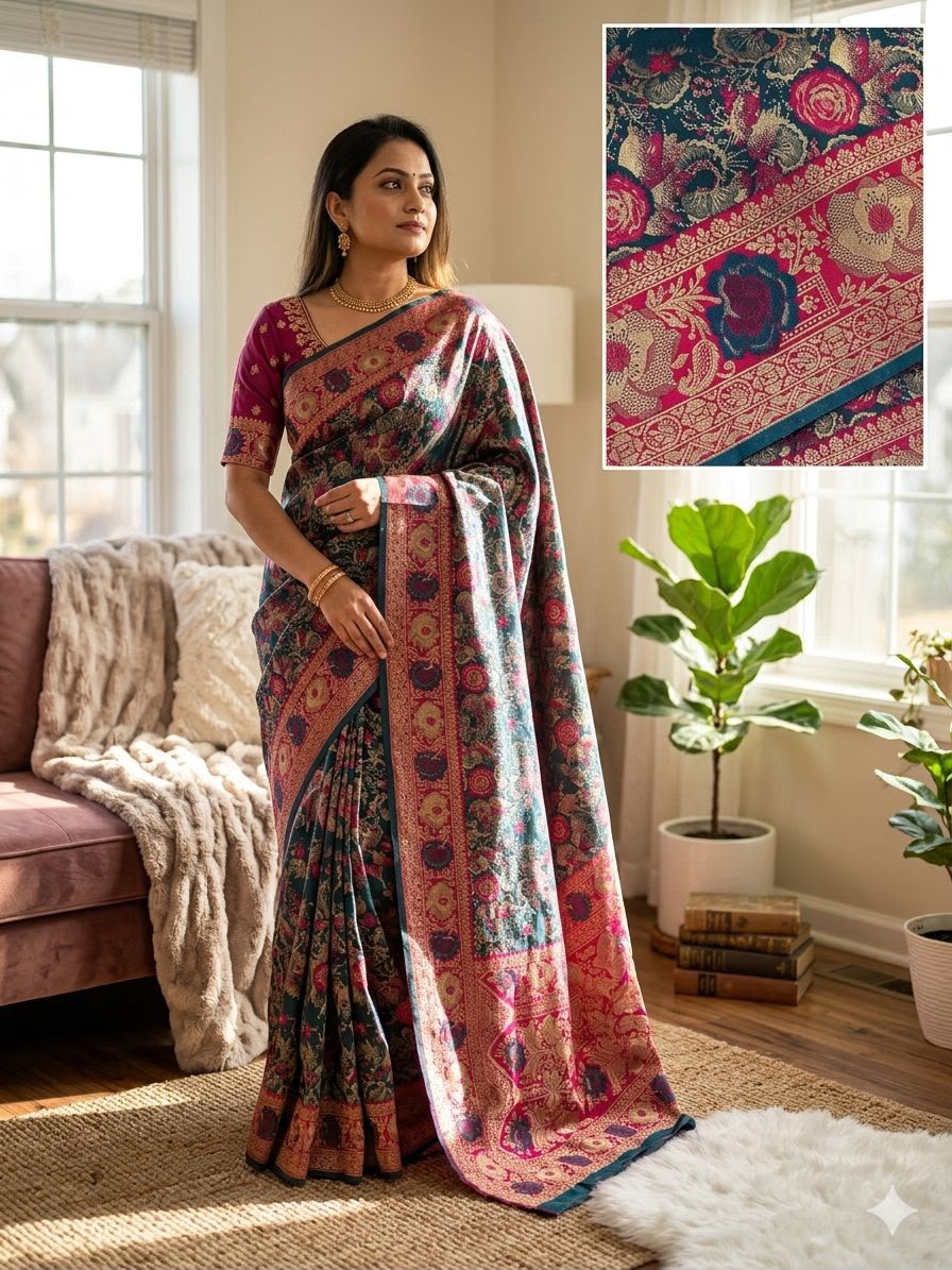 Royal Gulbahar Copper Zari Floral Jaal Kanjivaram Soft Silk Saree - WINE