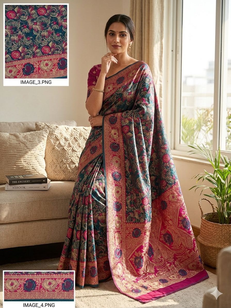 Royal Gulbahar Copper Zari Floral Jaal Kanjivaram Soft Silk Saree - WINE