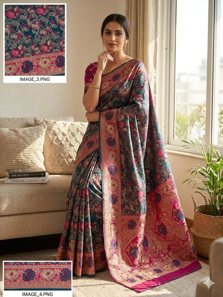 Royal Gulbahar Copper Zari Floral Jaal Kanjivaram Soft Silk Saree - WINE