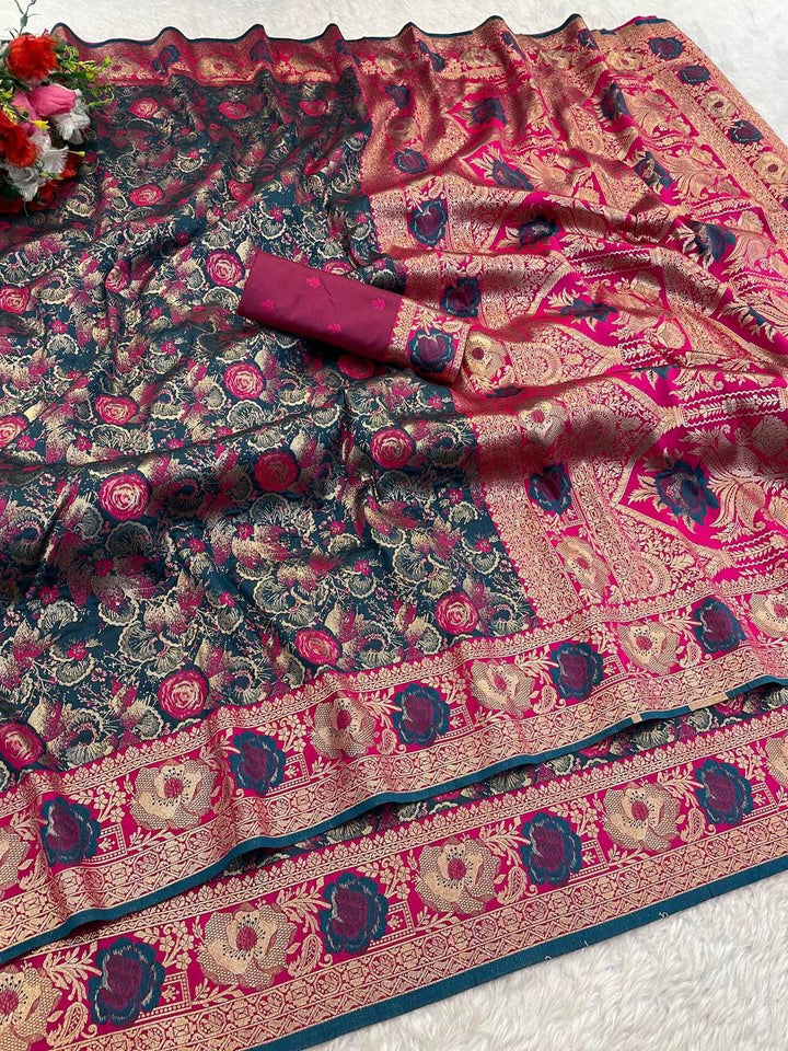 Royal Gulbahar Copper Zari Floral Jaal Kanjivaram Soft Silk Saree - WINE