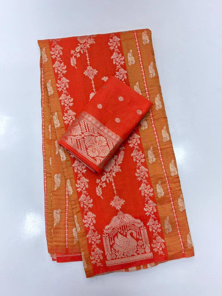 Royal Wedding Wear Paithani Silk Saree with Floral Zari Weaving - ORANGE