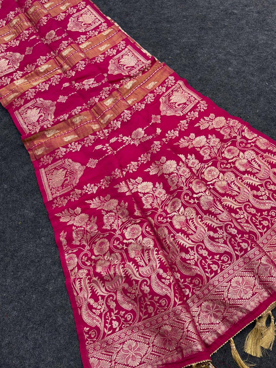 Royal Wedding Wear Paithani Silk Saree with Floral Zari Weaving - DARK PINK