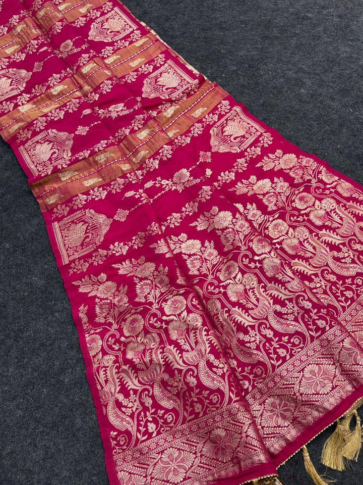 Royal Wedding Wear Paithani Silk Saree with Floral Zari Weaving - DARK PINK