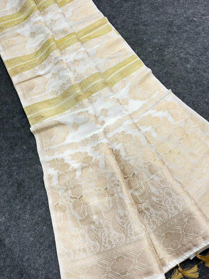 Royal Wedding Wear Paithani Silk Saree with Floral Zari Weaving - WHITE