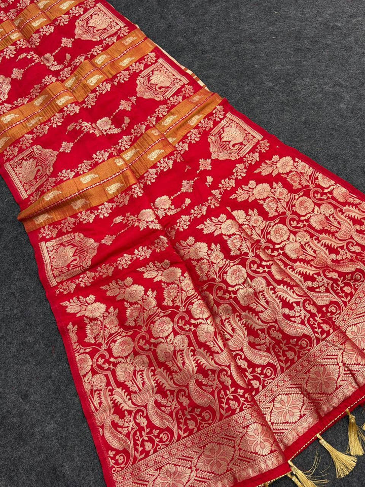 Royal Wedding Wear Paithani Silk Saree with Floral Zari Weaving - RED