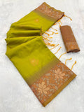 Premium Banarasi Handloom Silk Saree with Copper Zari Floral Weaving - LEMON YELLOW