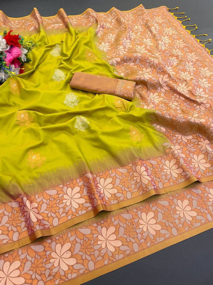 Premium Banarasi Handloom Silk Saree with Copper Zari Floral Weaving - LEMON YELLOW