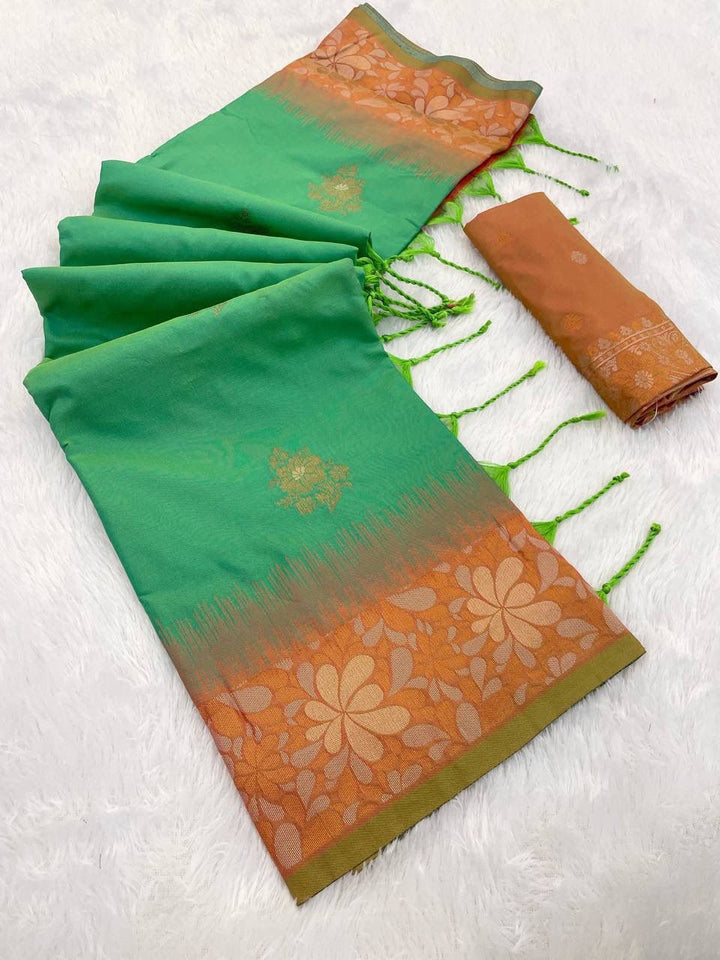 Premium Banarasi Handloom Silk Saree with Copper Zari Floral Weaving - GREEN