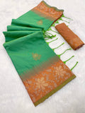 Premium Banarasi Handloom Silk Saree with Copper Zari Floral Weaving - GREEN